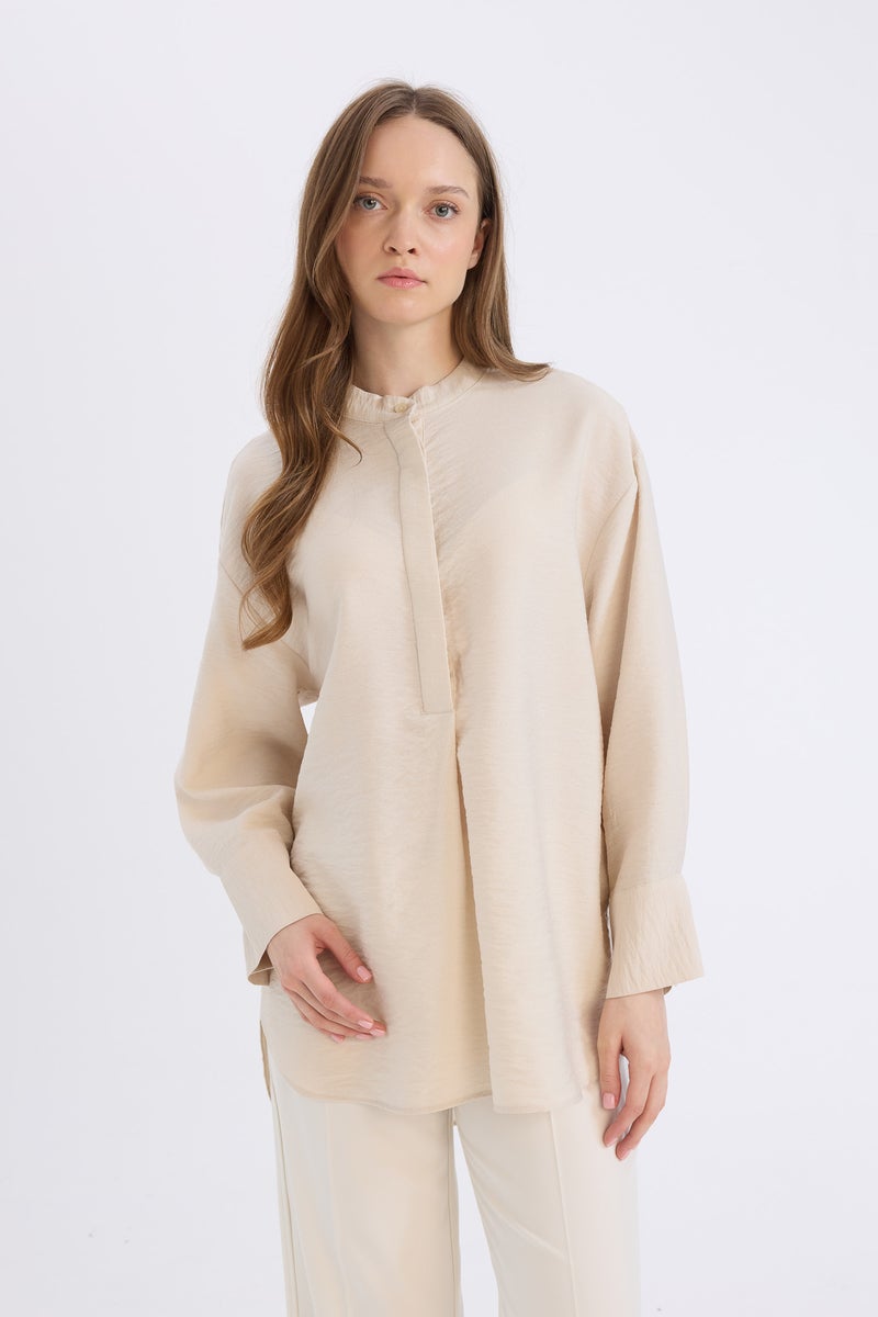 DeFacto Beige Woman Relax Fit Mandarin Collar Basic Long Sleeve Shirt Tunic Casual - Image 3